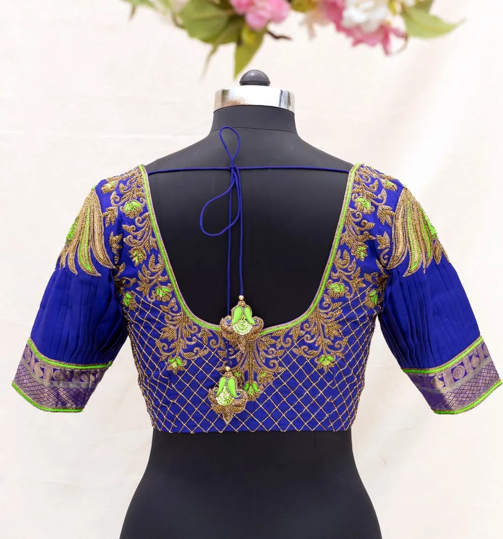 Blue Pleated Sleeve Maggam Work Blouse 1