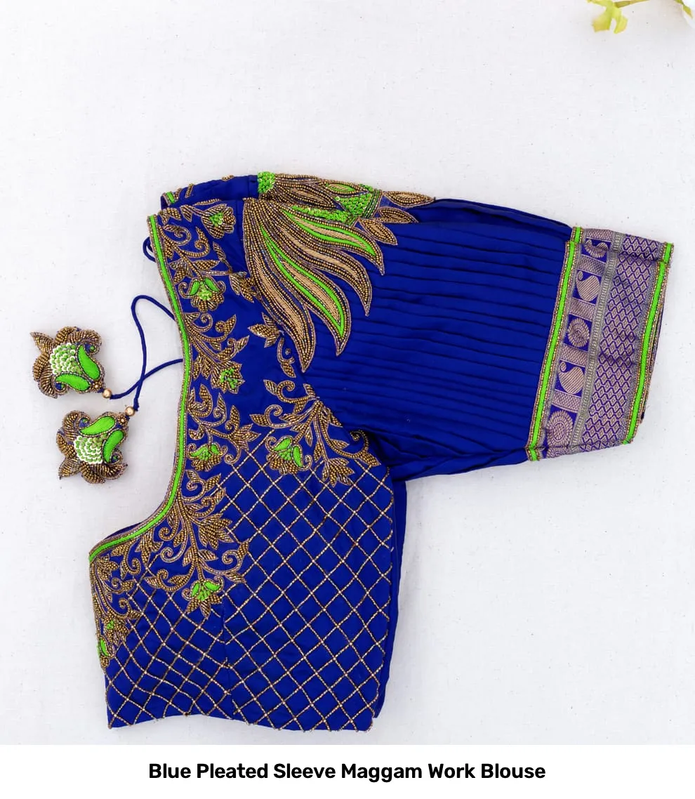Blue Pleated Sleeve Maggam Work Blouse 2
