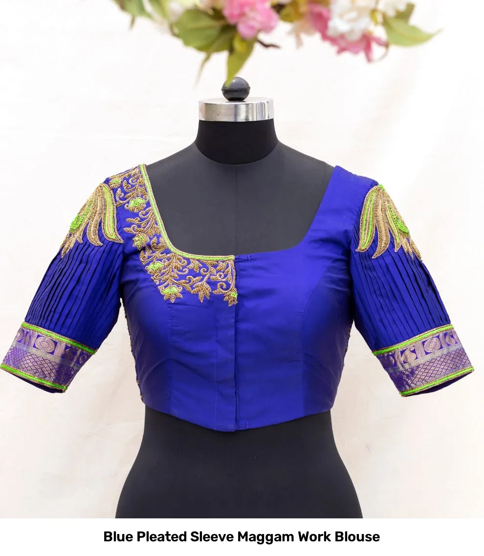 Blue Pleated Sleeve Maggam Work Blouse 3