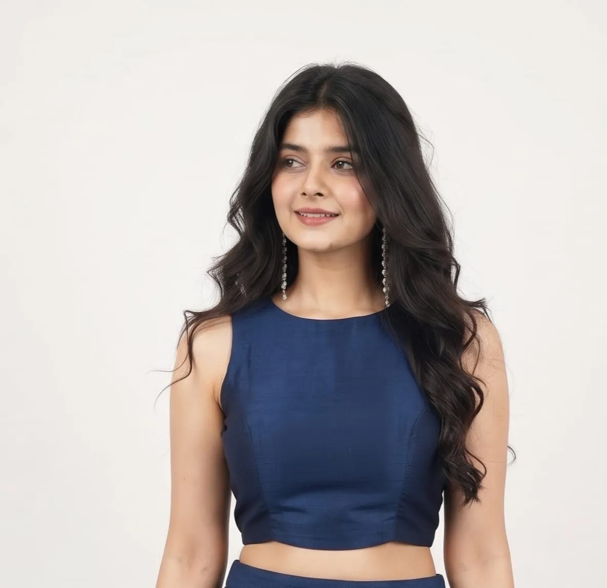 Blue Raw Silk Round Neck Sleeveless Blouse