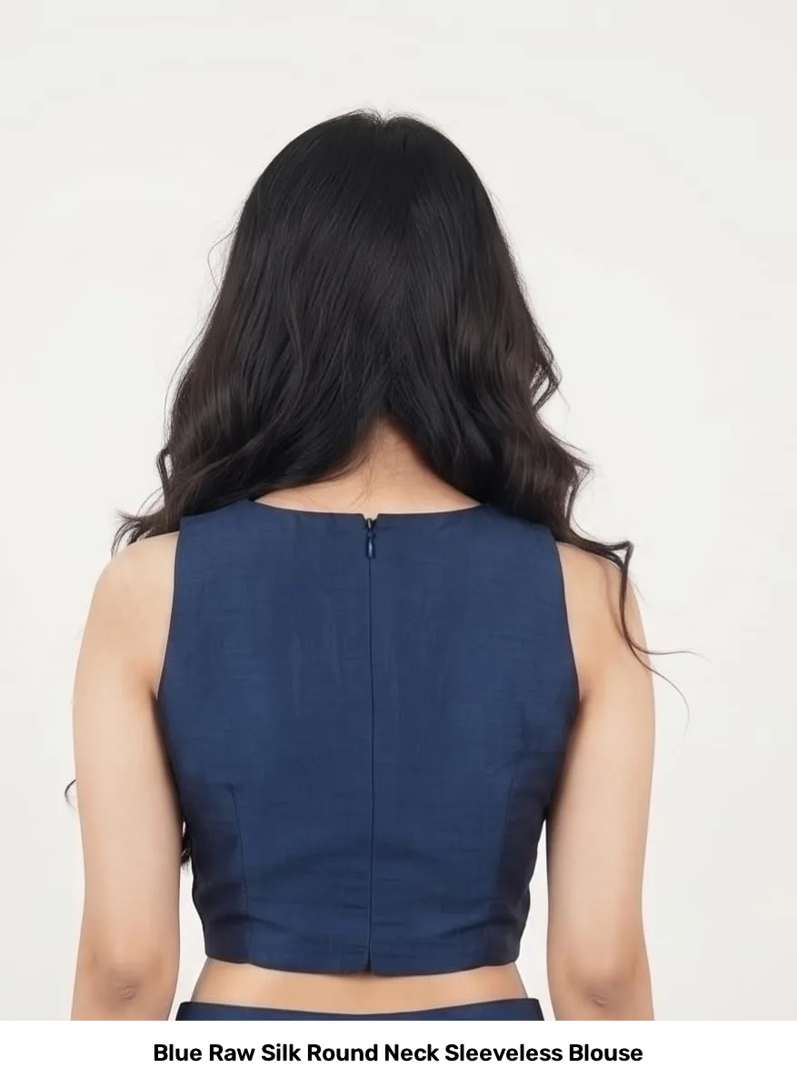 Blue Raw Silk Round Neck Sleeveless Blouse 2