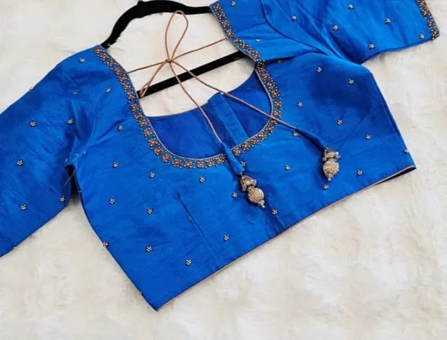 Blue Raw Silk Saree Blouse Handcrafted Maggam Floral Work