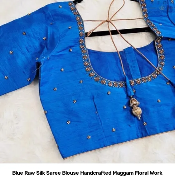 Blue Raw Silk Saree Blouse Handcrafted Maggam Floral Work 2