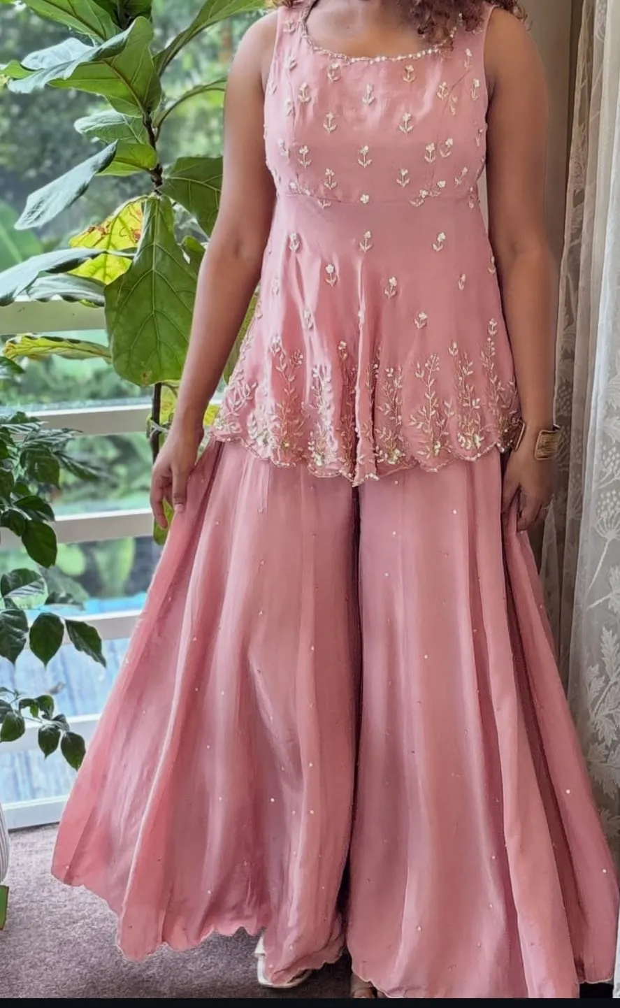 Blush Pink Hand Embroidered Peplum Sharara Set