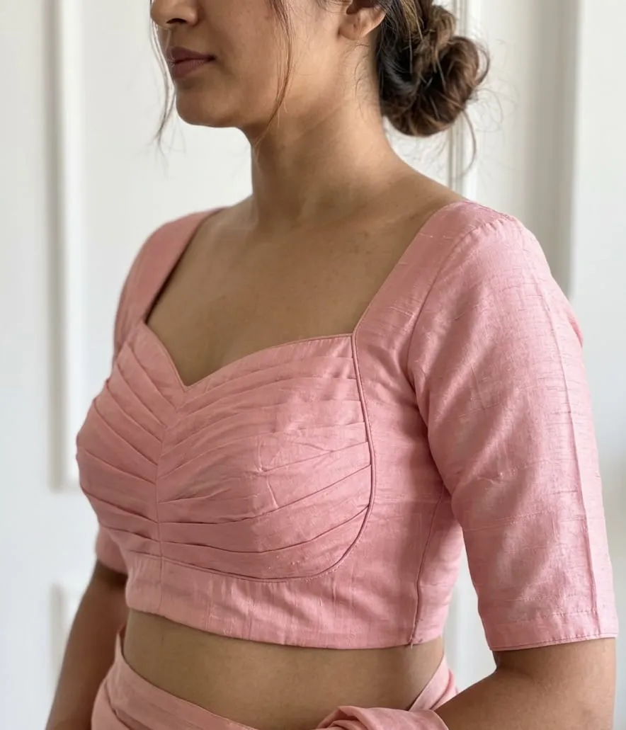 Blush Pink Pleated Sweetheart Saree Blouse – Scallop Hem Back Button Designer Readymade Blouse