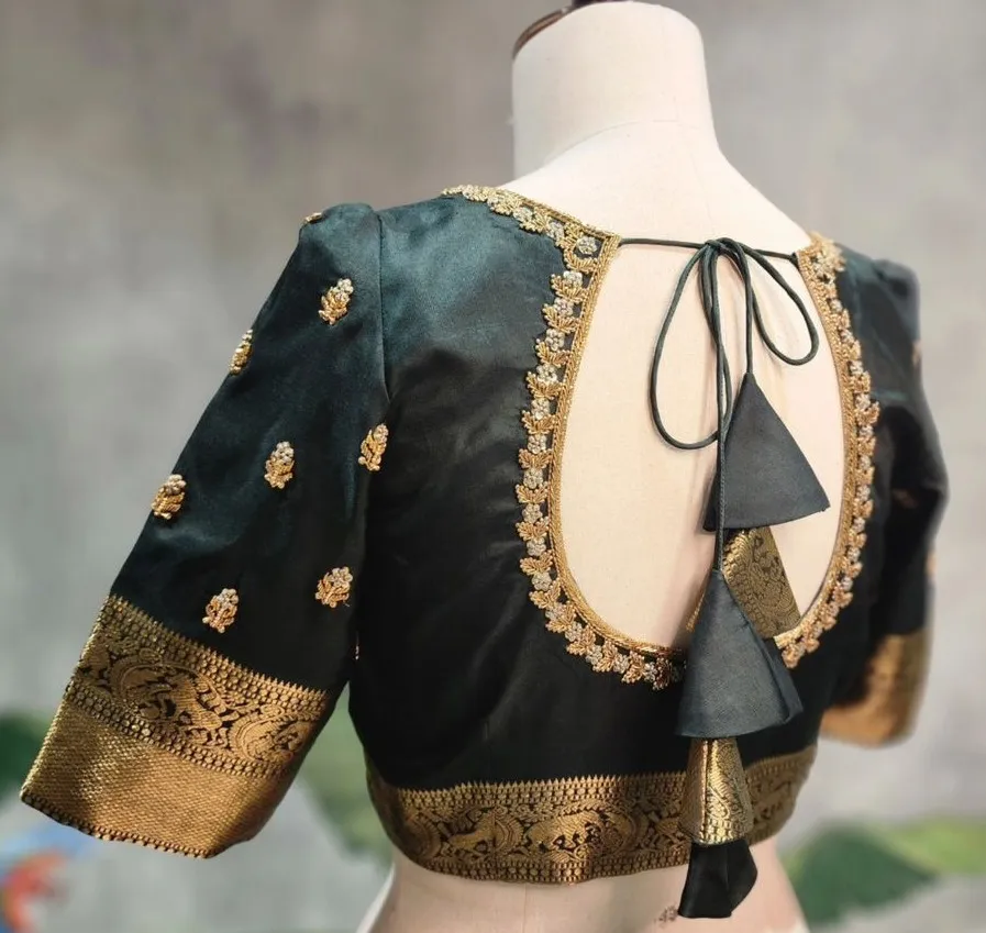 Bottle Green Bridal Blouse Puff Sleeve Maggam Embroidery 1