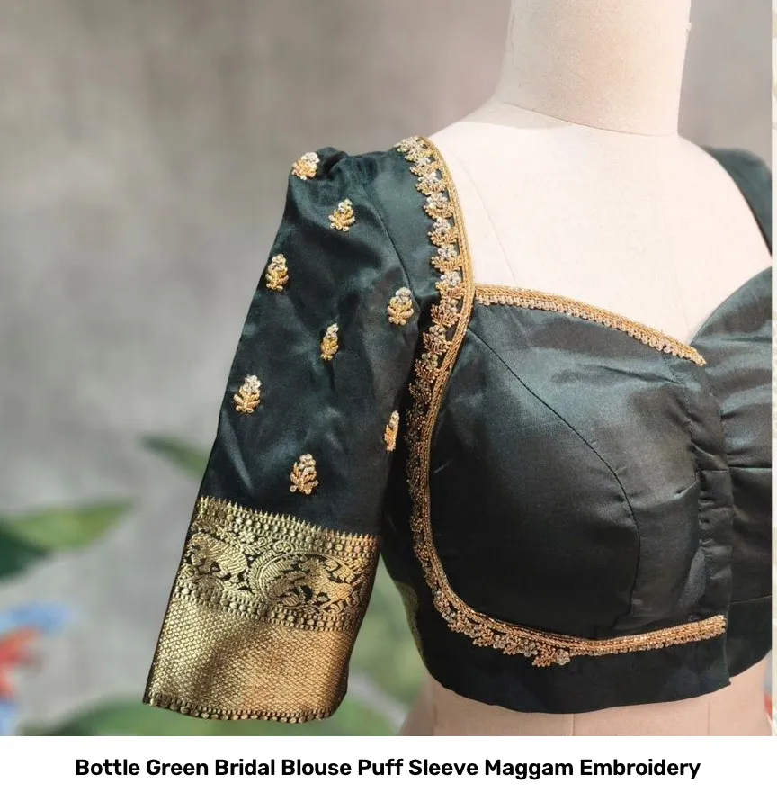 Bottle Green Bridal Blouse Puff Sleeve Maggam Embroidery 2