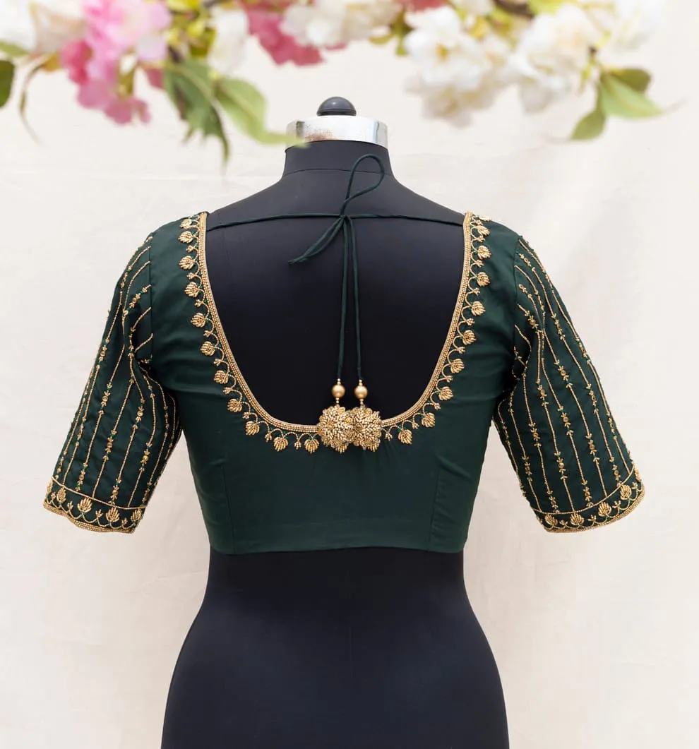 Bottle Green Deep U-Back Maggam Blouse with Heavy Latkans
