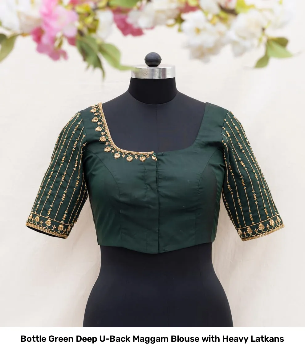 Bottle Green Deep U-Back Maggam Blouse with Heavy Latkans 2