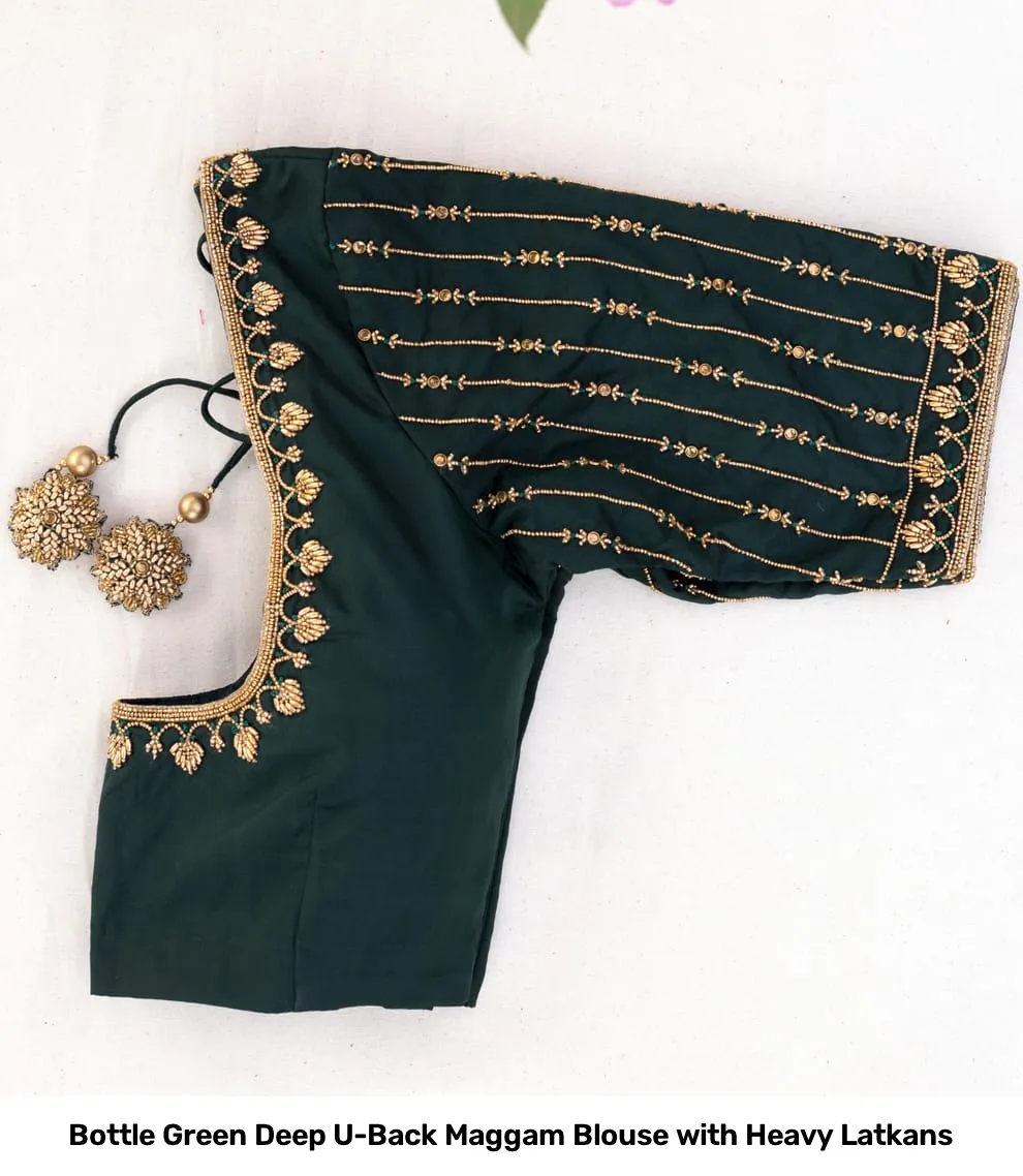 Bottle Green Deep U-Back Maggam Blouse with Heavy Latkans 3