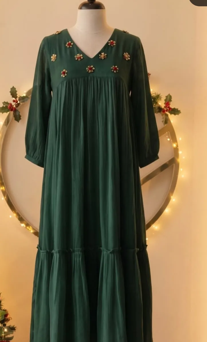 Bottle Green Embroidered Tiered Maxi Dress with V-Neck