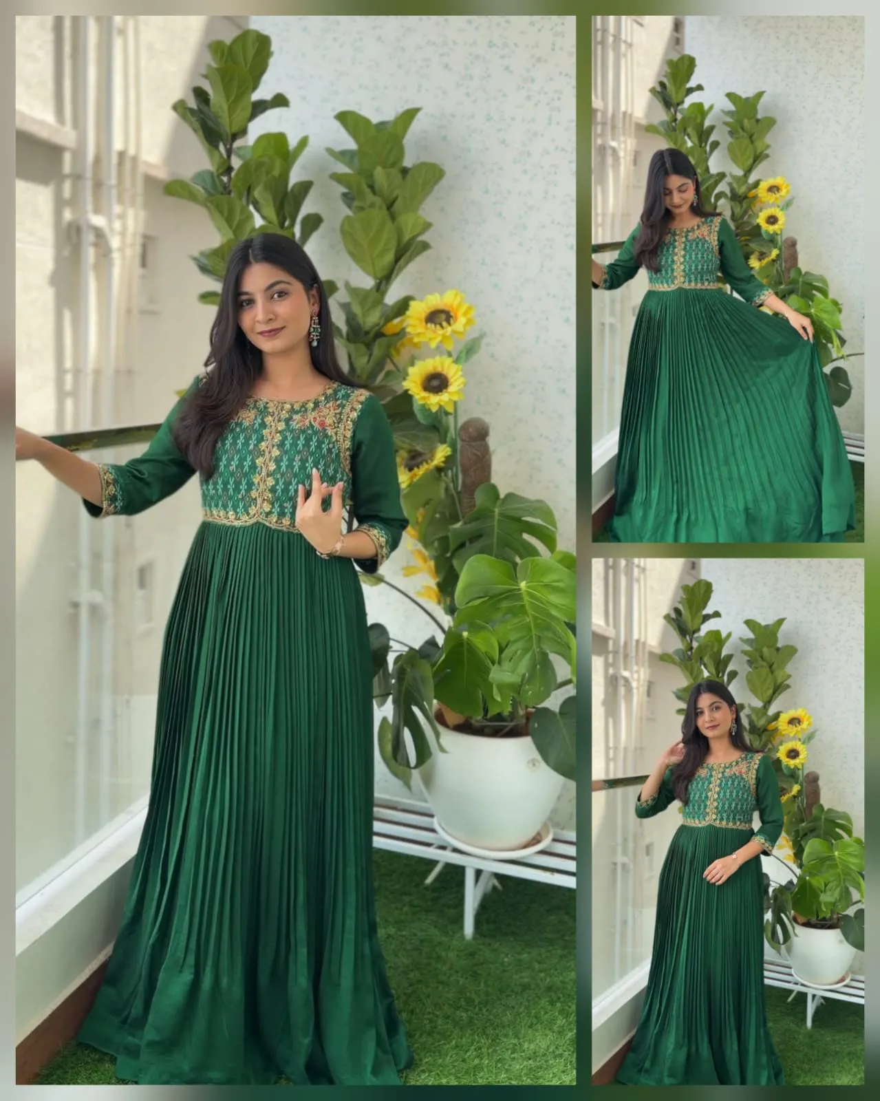 Bottle Green Embroidered Yoke Pleated Maxi Gown | Festive Anarkali Dress for Women