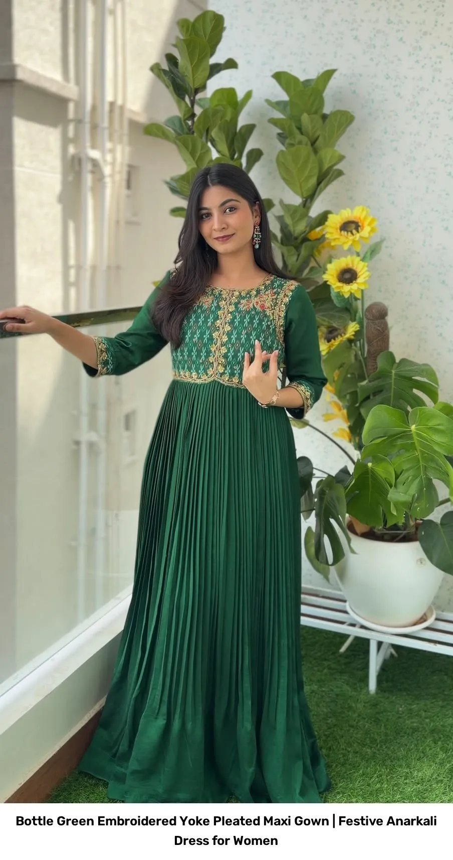 Bottle Green Embroidered Yoke Pleated Maxi Gown | Festive Anarkali Dress for Women 2
