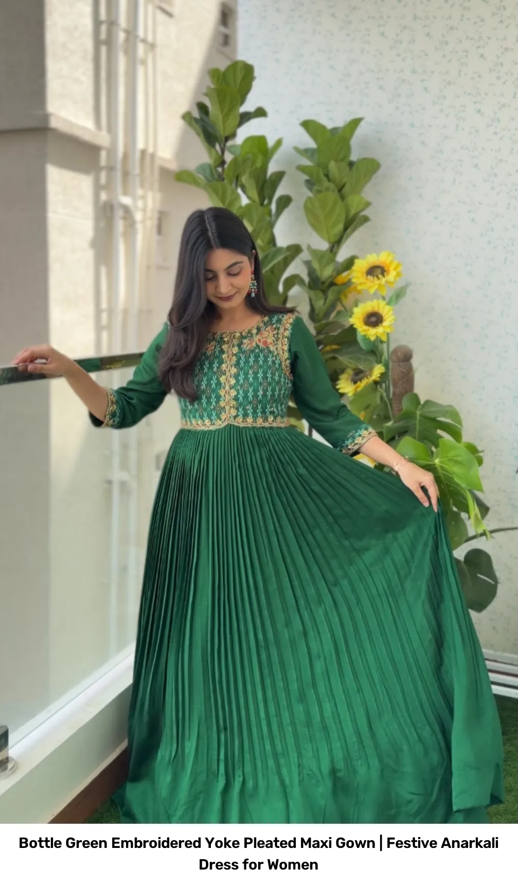 Bottle Green Embroidered Yoke Pleated Maxi Gown | Festive Anarkali Dress for Women 3