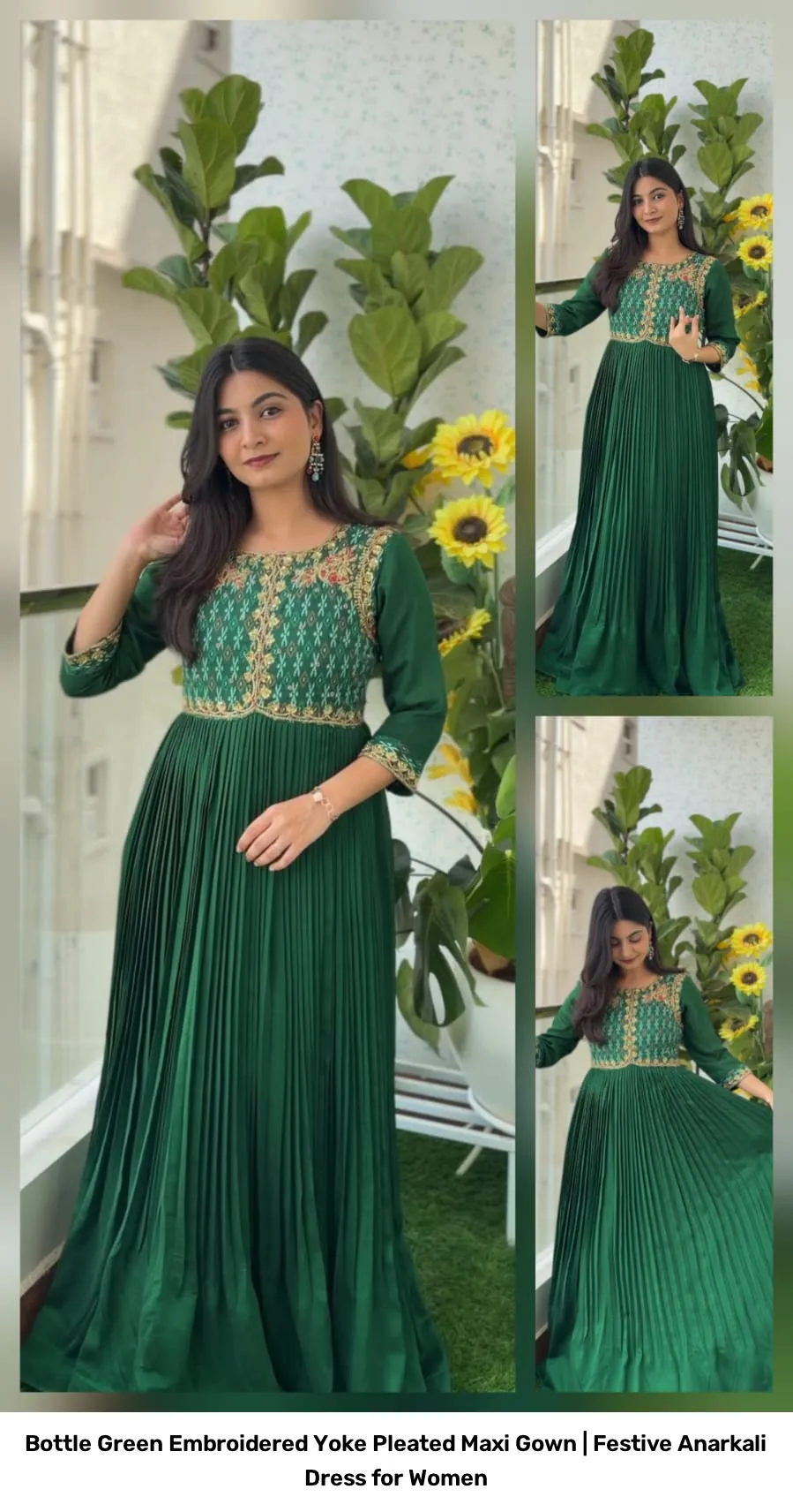 Bottle Green Embroidered Yoke Pleated Maxi Gown | Festive Anarkali Dress for Women 4