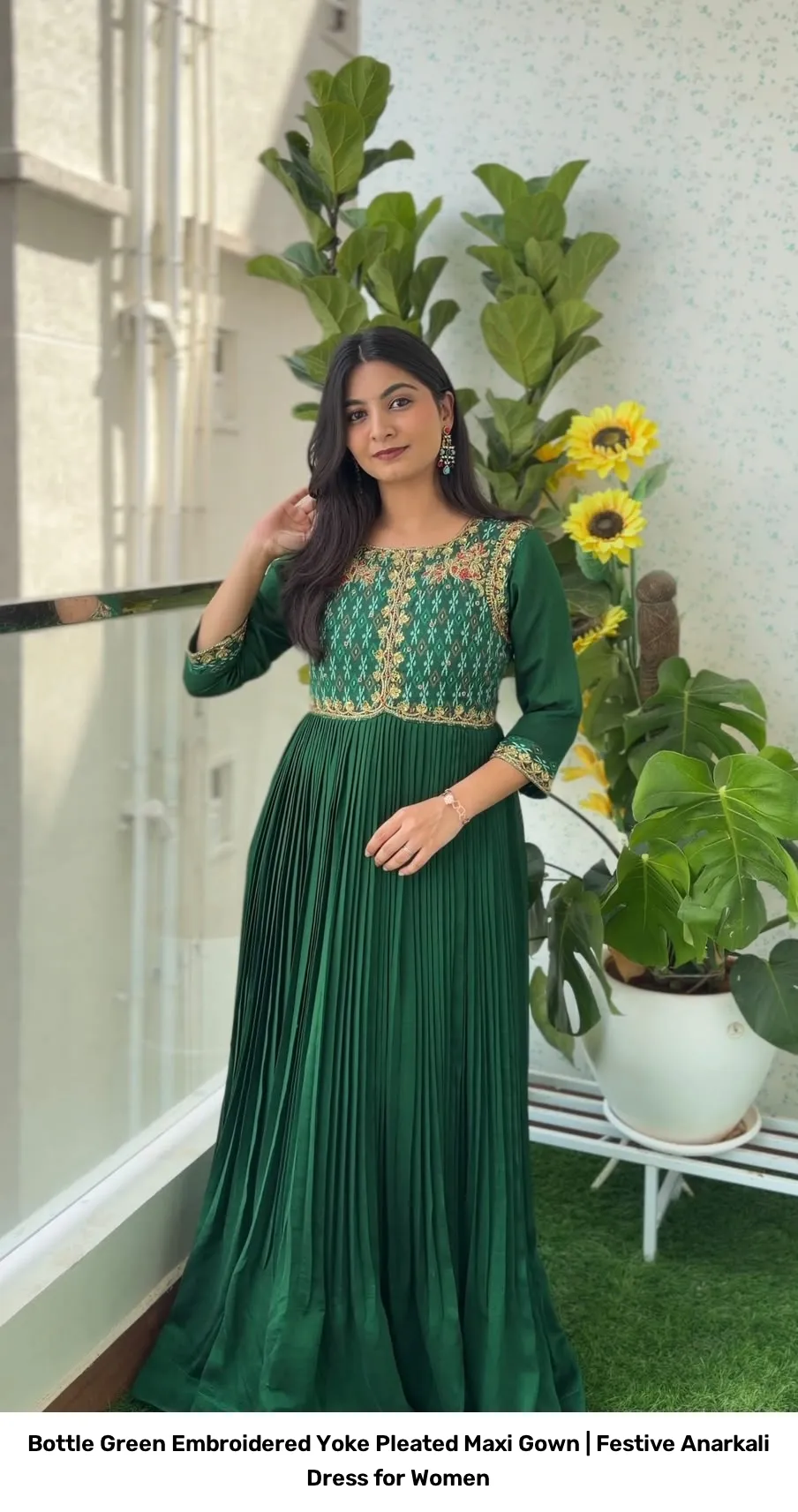 Bottle Green Embroidered Yoke Pleated Maxi Gown | Festive Anarkali Dress for Women 5