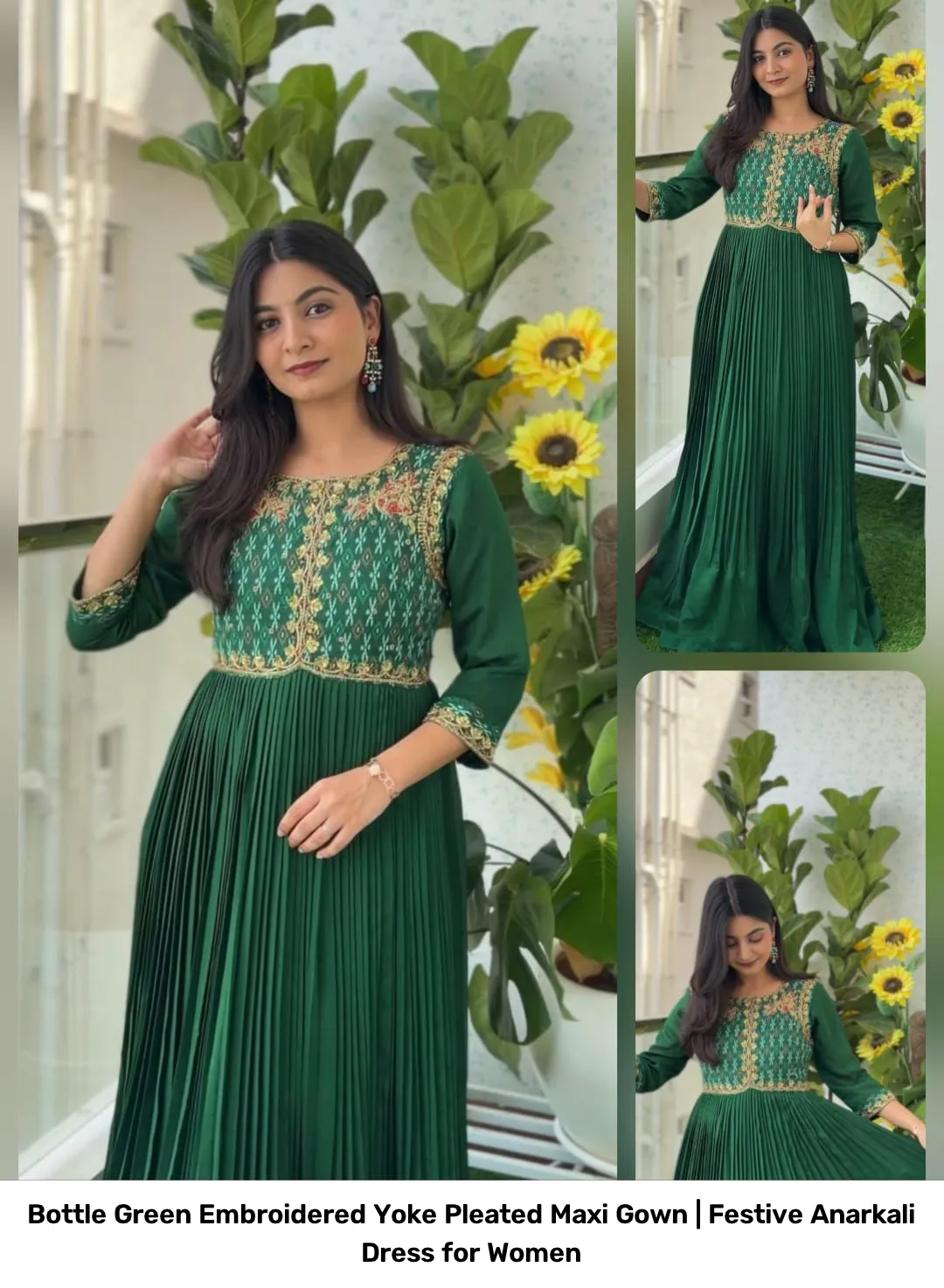 Bottle Green Embroidered Yoke Pleated Maxi Gown | Festive Anarkali Dress for Women 6