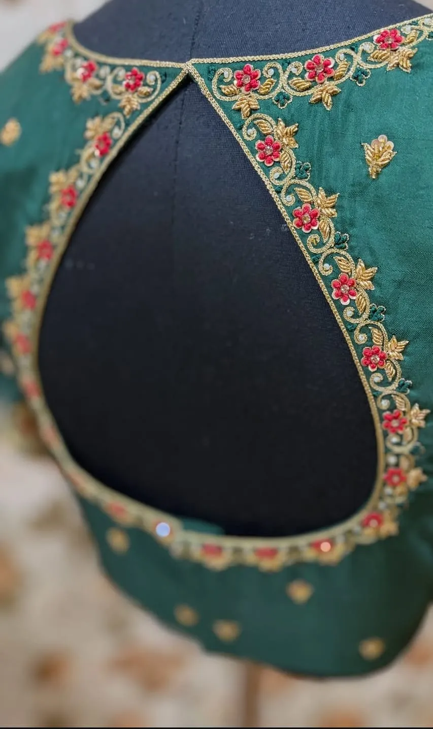 Bottle Green Maggam Work Blouse – Handcrafted Zardosi & Thread Embroidered Cut-Out Back Bridal Saree Blouse