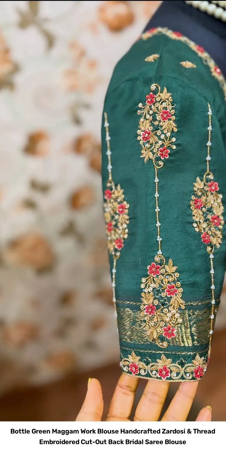 Bottle Green Maggam Work Blouse – Handcrafted Zardosi & Thread Embroidered Cut-Out Back Bridal Saree Blouse 2