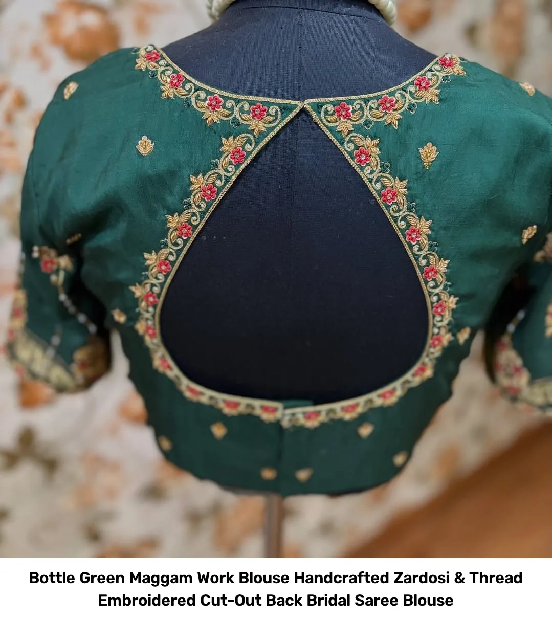 Bottle Green Maggam Work Blouse – Handcrafted Zardosi & Thread Embroidered Cut-Out Back Bridal Saree Blouse 4