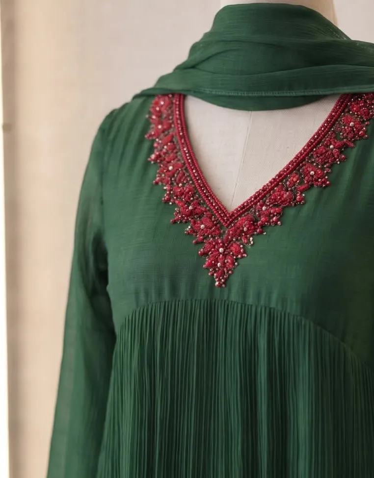 Bottle Green Pleated Georgette Anarkali Gown with Dupatta