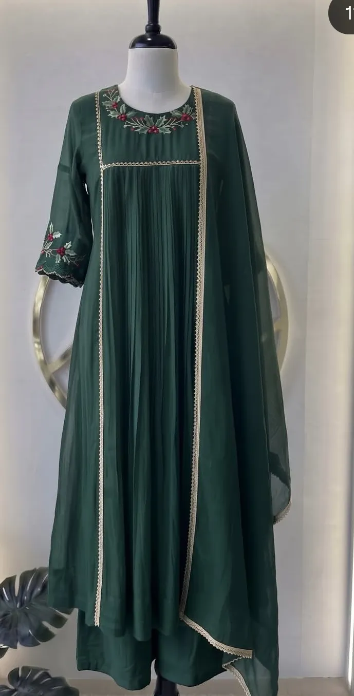 Bottle Green Pleated Kurta Pant Set with Dupatta