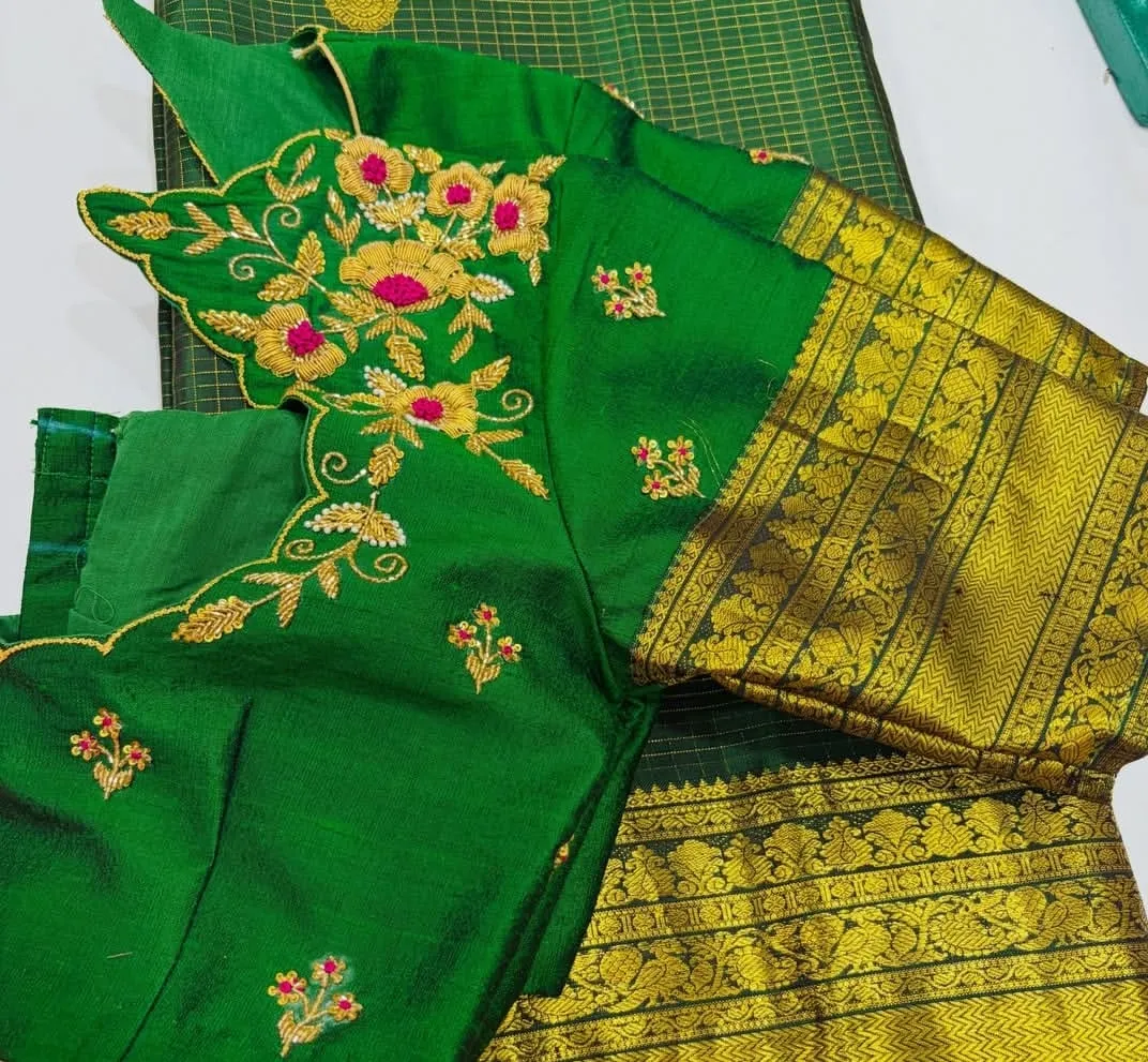 Bottle Green Pure Silk Maggam Work Blouse Wholesale | Scallop Cutwork Neck Readymade Aari Work Saree Blouse