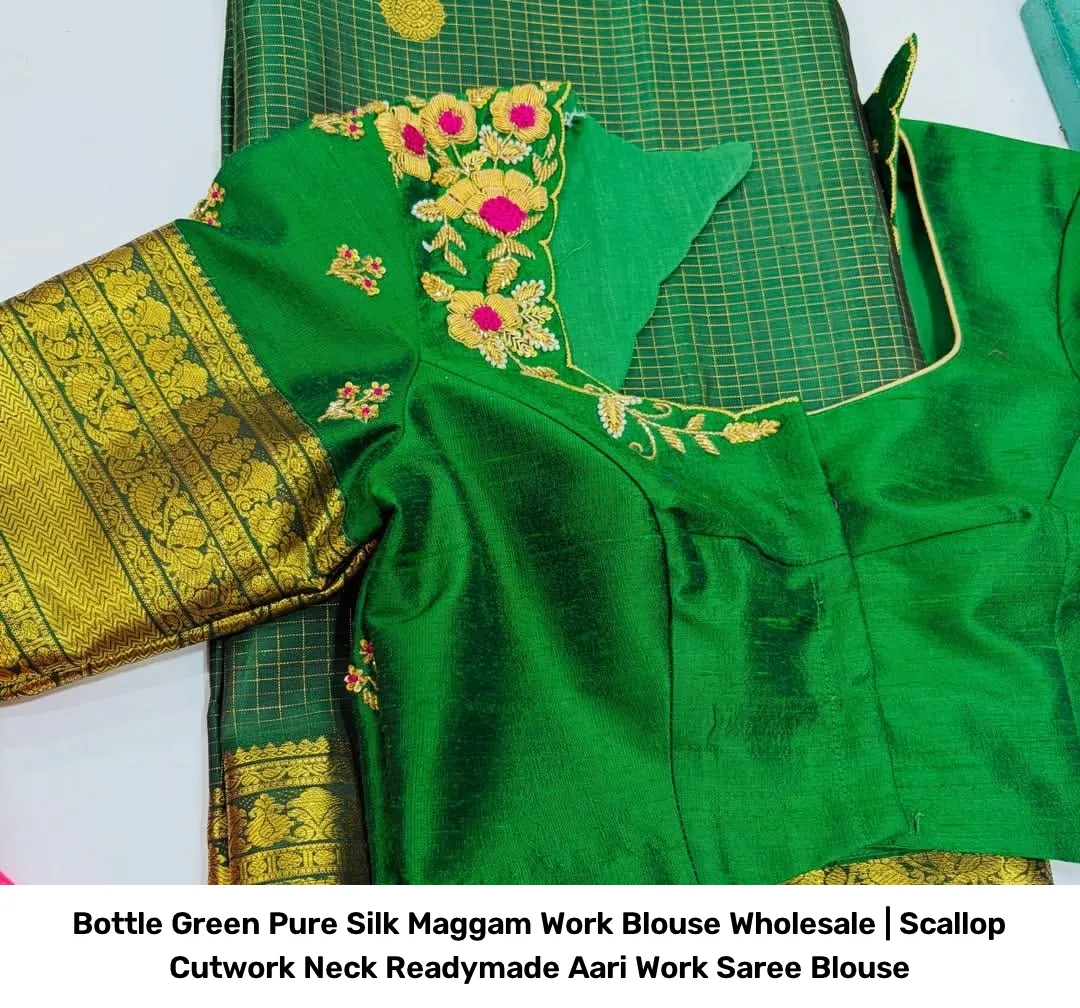 Bottle Green Pure Silk Maggam Work Blouse Wholesale | Scallop Cutwork Neck Readymade Aari Work Saree Blouse 2