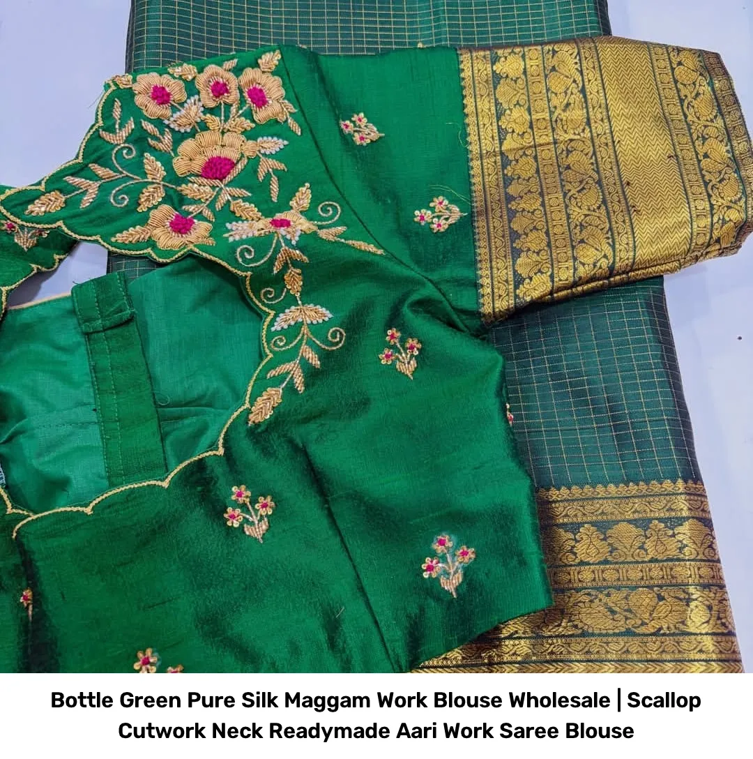 Bottle Green Pure Silk Maggam Work Blouse Wholesale | Scallop Cutwork Neck Readymade Aari Work Saree Blouse 3