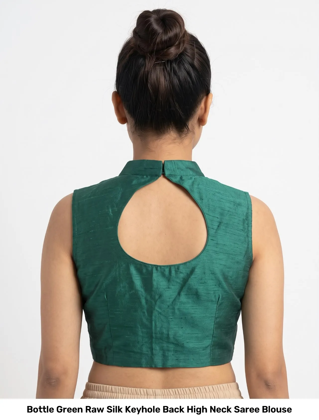 Bottle Green Raw Silk Keyhole Back High Neck Saree Blouse 2