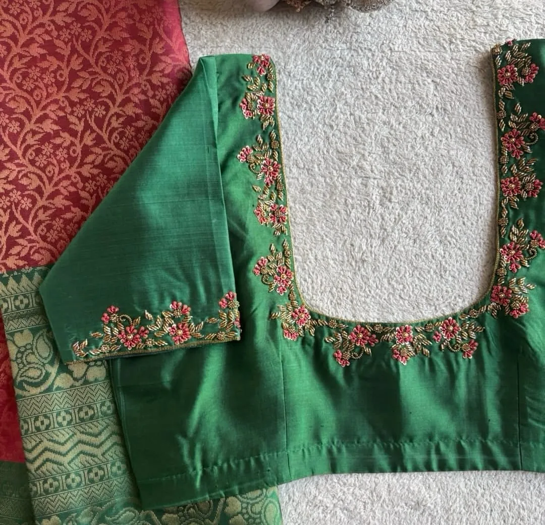 Bottle Green Raw Silk Maggam Work Saree Blouse