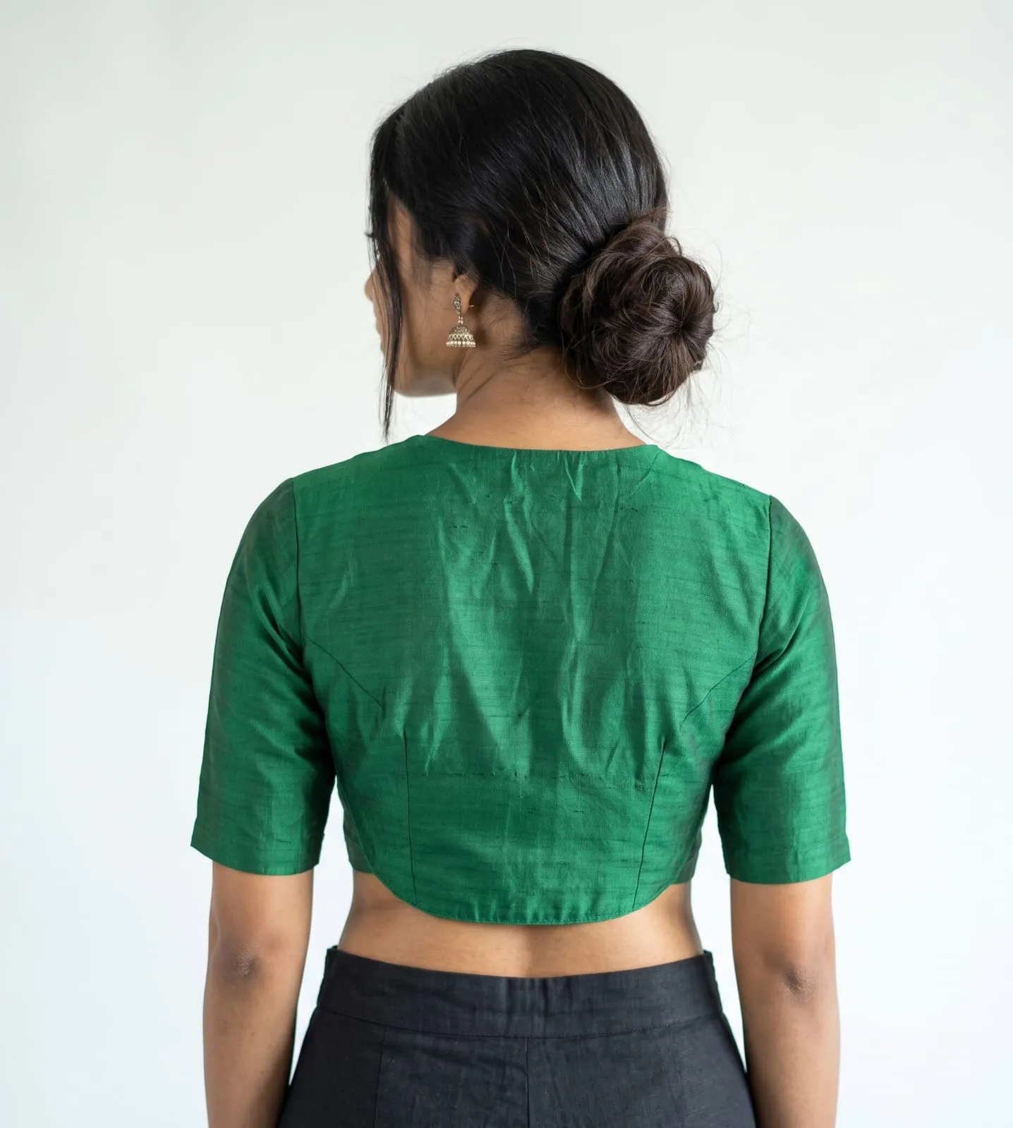 Bottle Green Raw Silk Readymade Blouse | Front Open