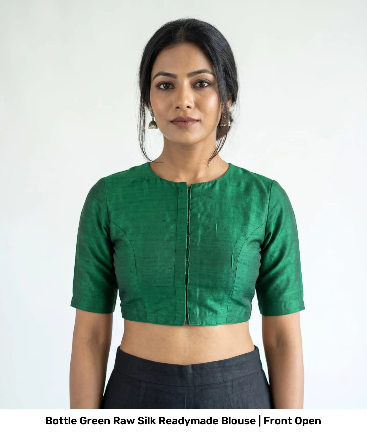 Bottle Green Raw Silk Readymade Blouse | Front Open 2