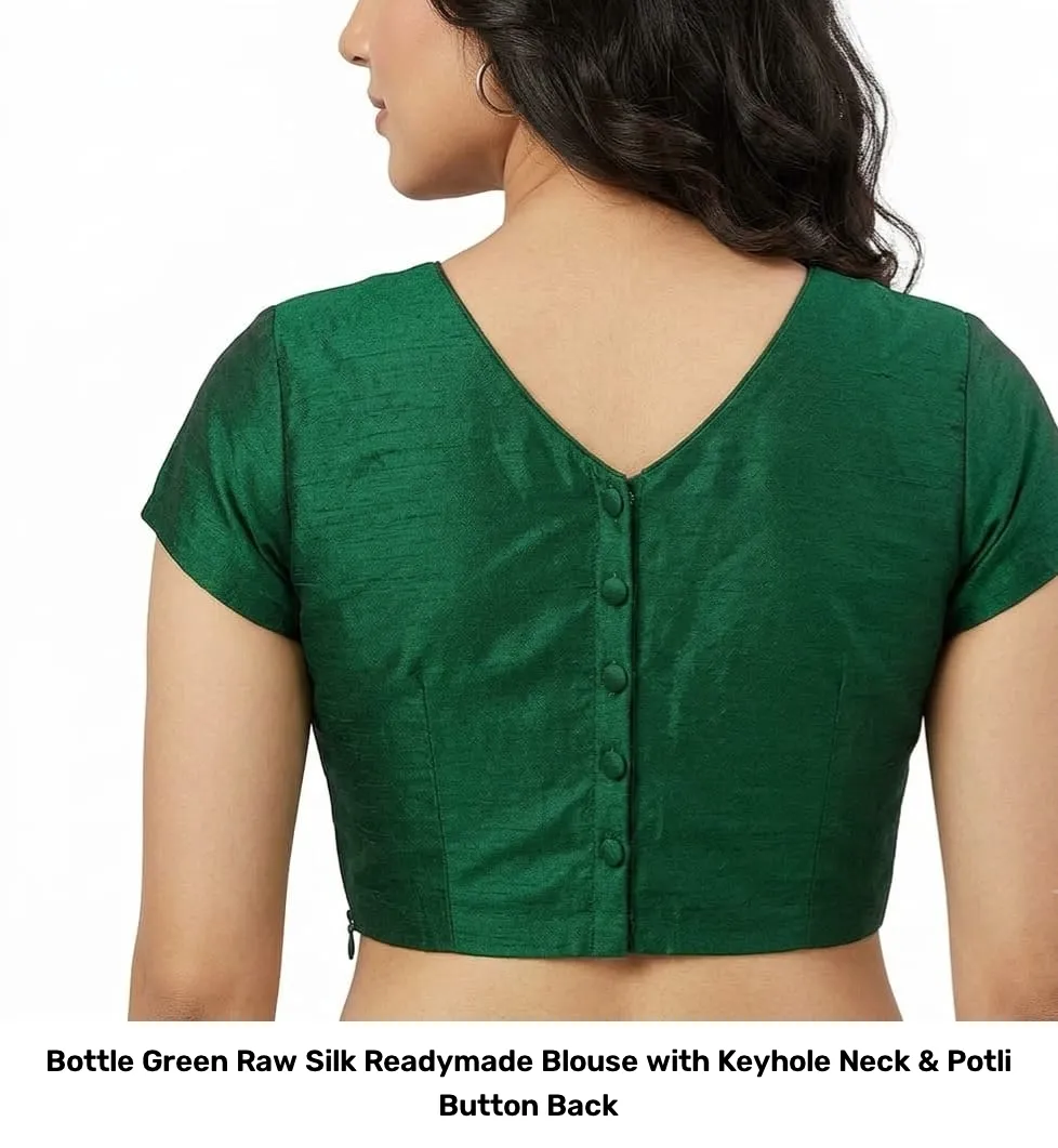 Bottle Green Raw Silk Readymade Blouse with Keyhole Neck & Potli Button Back 2