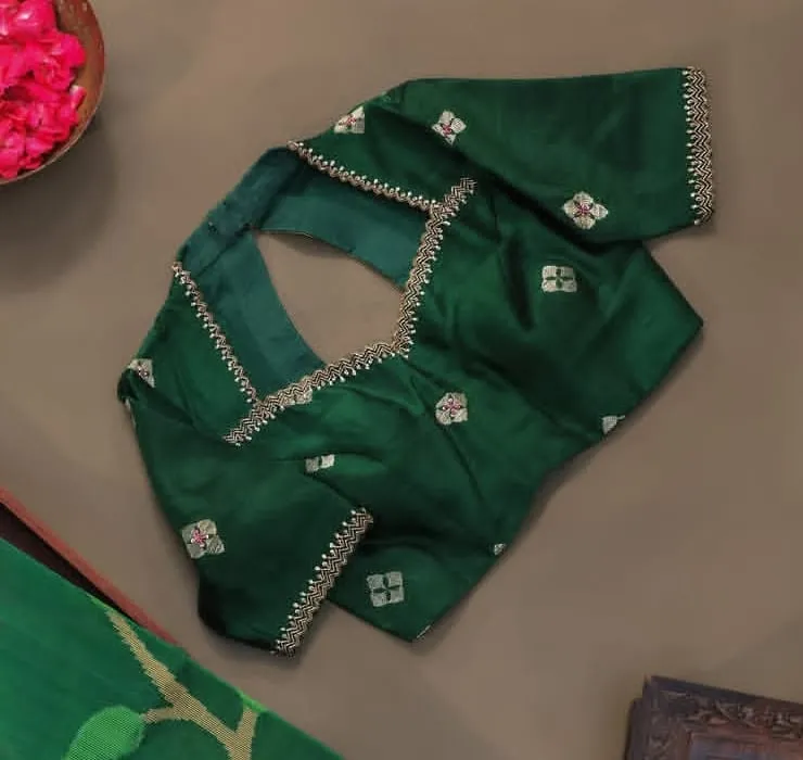 Bottle Green Silk Blouse Sweetheart Neck Chevron Work