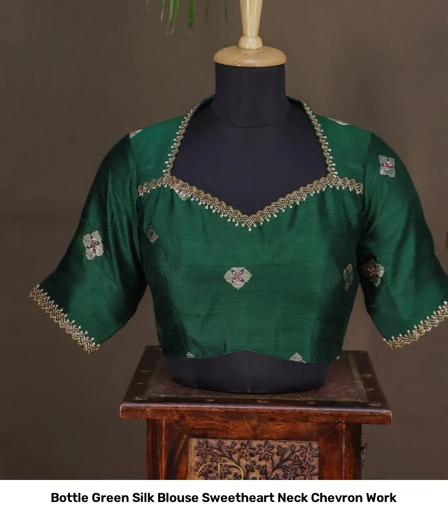 Bottle Green Silk Blouse Sweetheart Neck Chevron Work 3