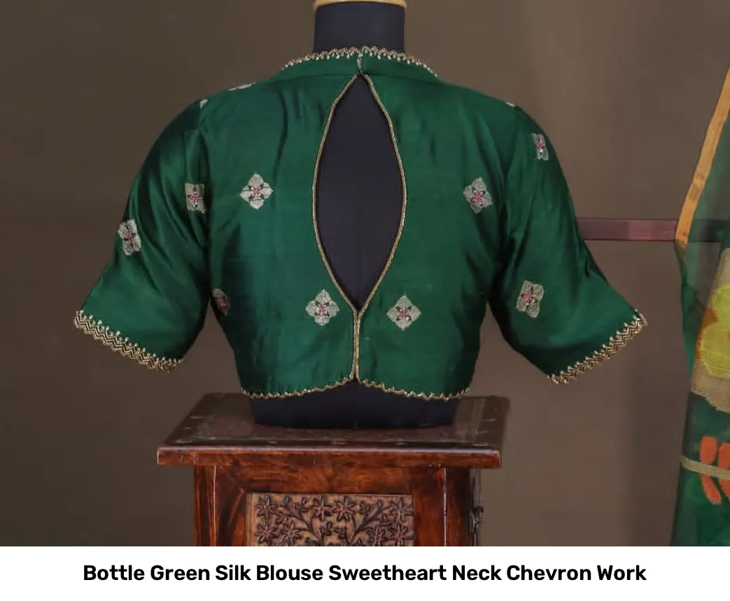Bottle Green Silk Blouse Sweetheart Neck Chevron Work 4