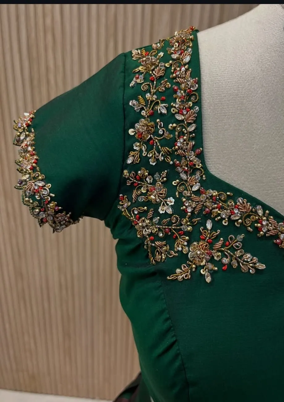 Bottle Green Silk Blouse with Sweetheart Maggam Work