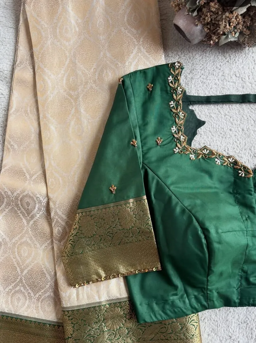 Bottle Green Silk Designer Blouse | Gold Zardozi Aari Hand Embroidery | Scalloped Back Neck with Pearl Detail | Banarasi Border Sleeves | Custom Stitched