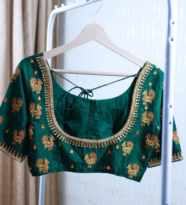 Bottle Green Silk Maggam Work Blouse | Handcrafted Peacock Motifs & Kundan Border Saree Blouse