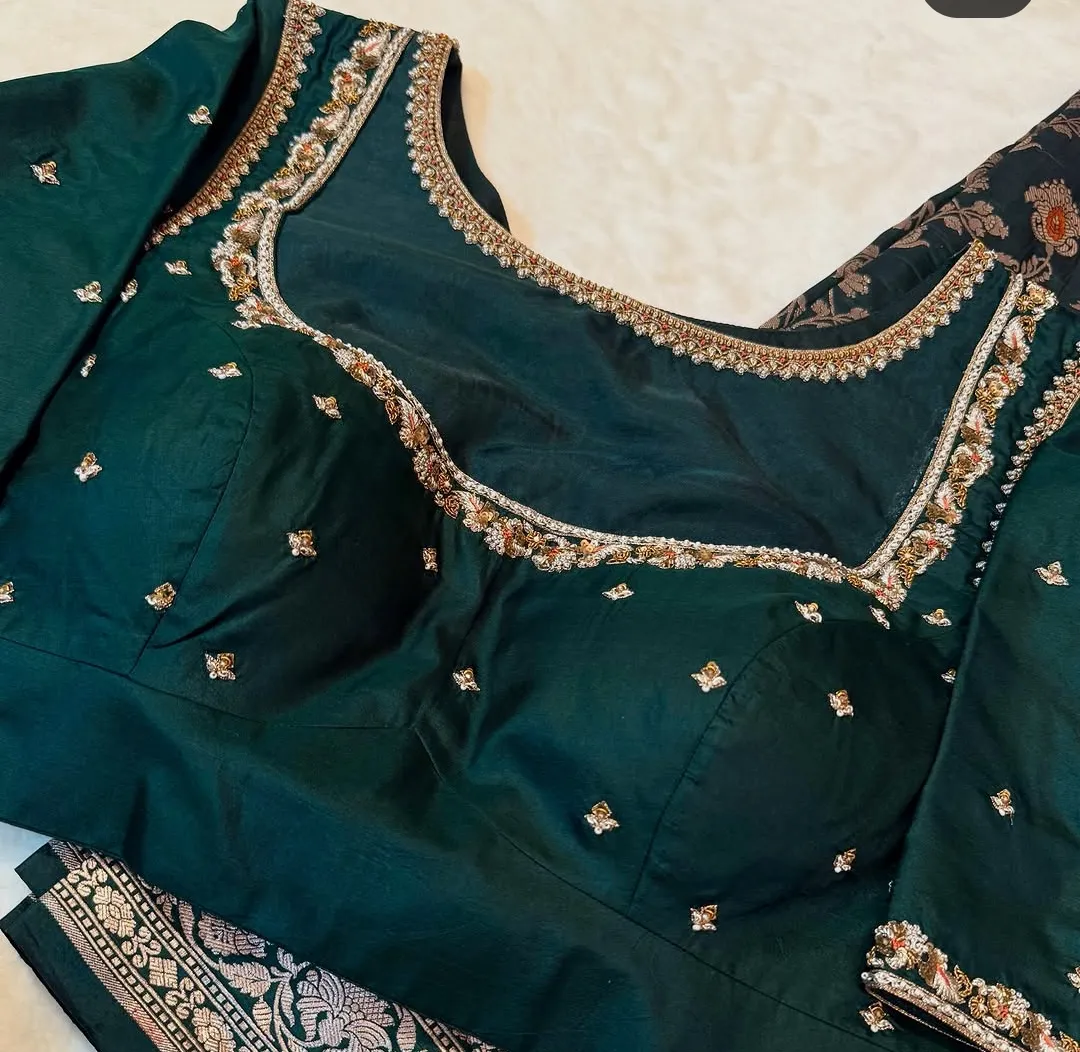 Bottle Green Silk Maggam Work Blouse with Scallop Zari Border