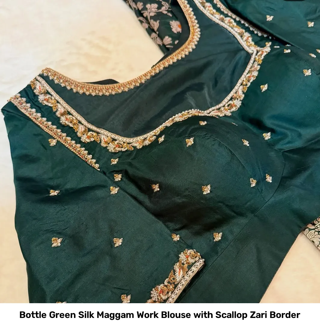Bottle Green Silk Maggam Work Blouse with Scallop Zari Border 2