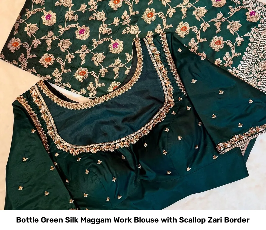 Bottle Green Silk Maggam Work Blouse with Scallop Zari Border 3