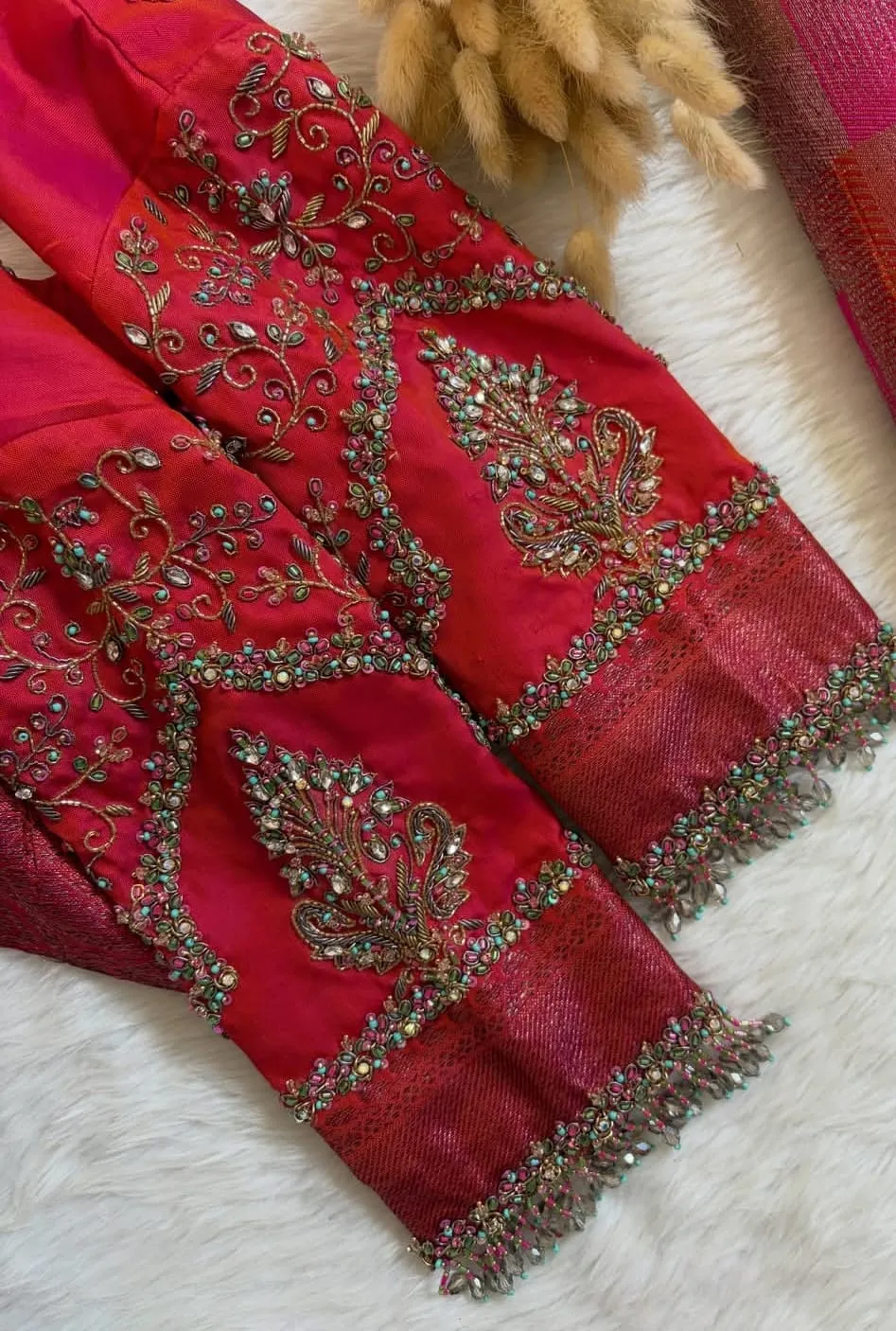 Bridal Crimson Red Aari Work Blouse – Intricate Kalka Paisley Embroidery & Beaded Fringe Tassel Sleeve Blouse