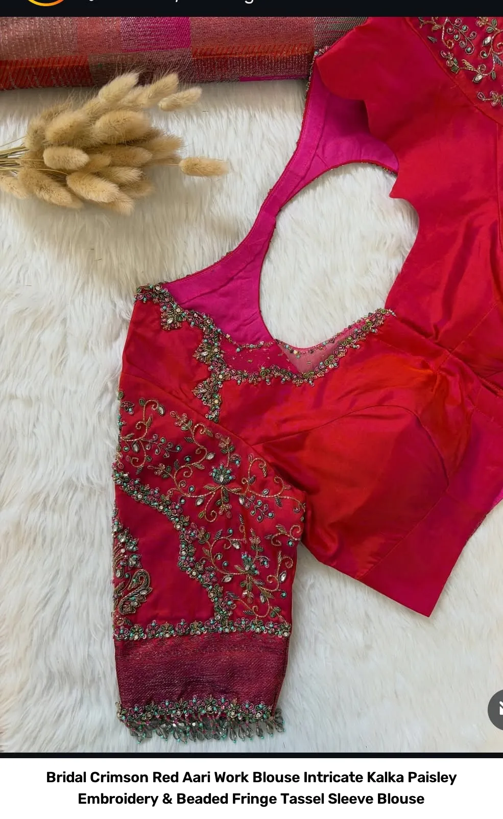 Bridal Crimson Red Aari Work Blouse – Intricate Kalka Paisley Embroidery & Beaded Fringe Tassel Sleeve Blouse 2