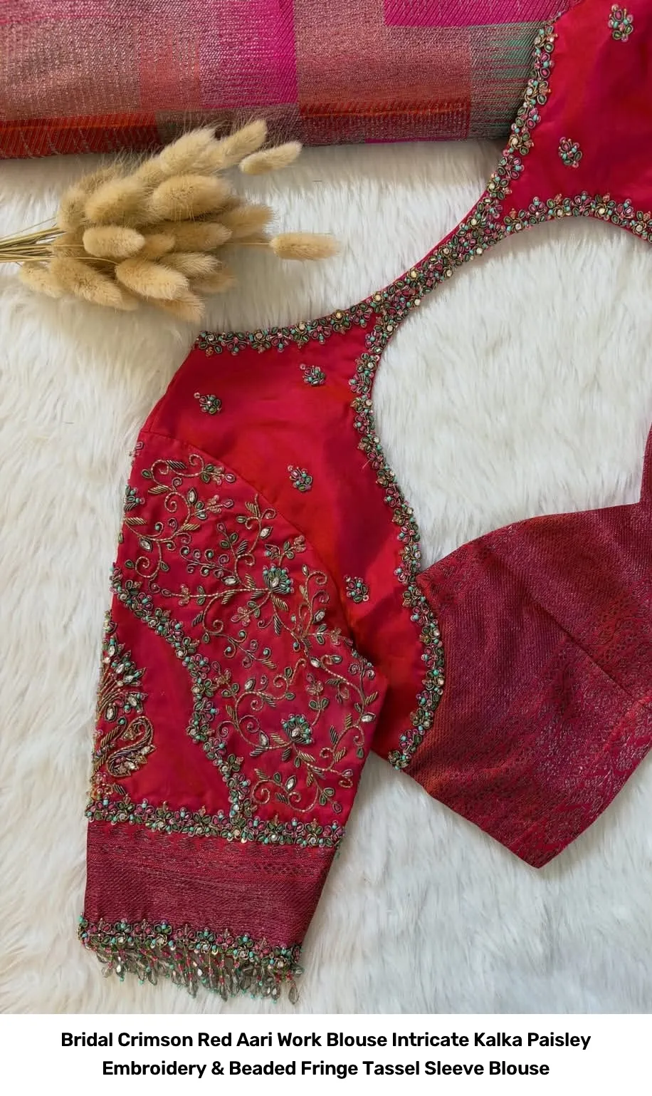 Bridal Crimson Red Aari Work Blouse – Intricate Kalka Paisley Embroidery & Beaded Fringe Tassel Sleeve Blouse 3