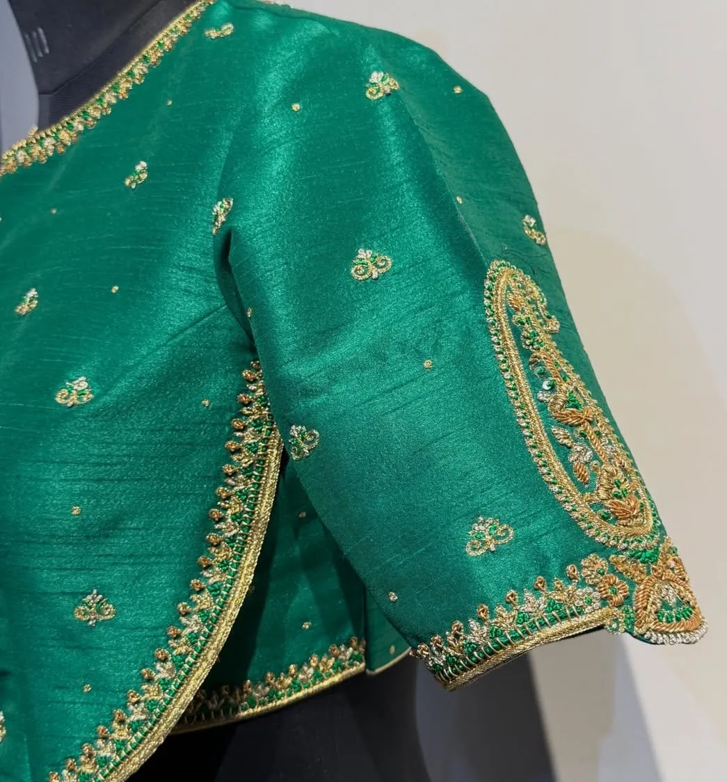 Bridal Emerald Green Silk Blouse Mango Buta Zardosi Work