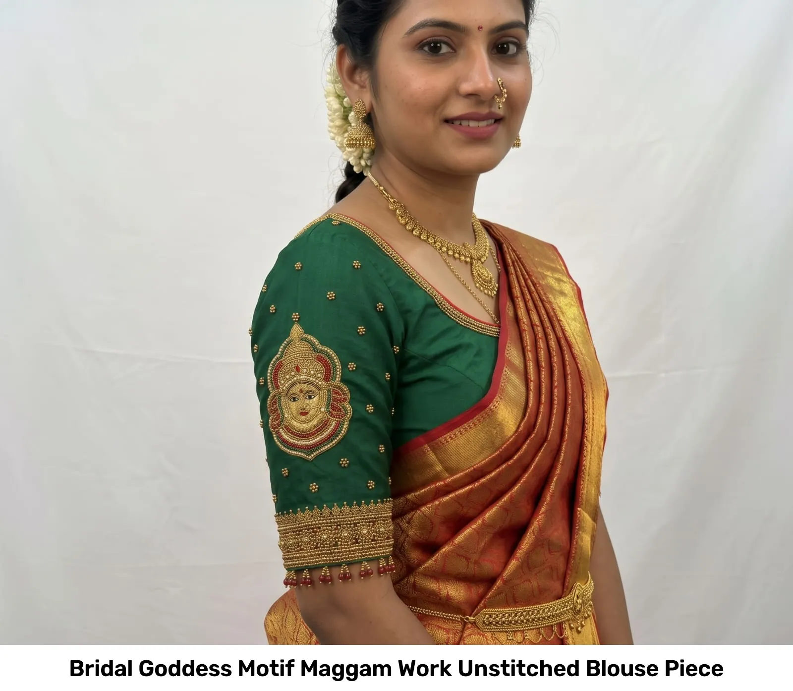 Bridal Goddess Motif Maggam Work Unstitched Blouse Piece 3