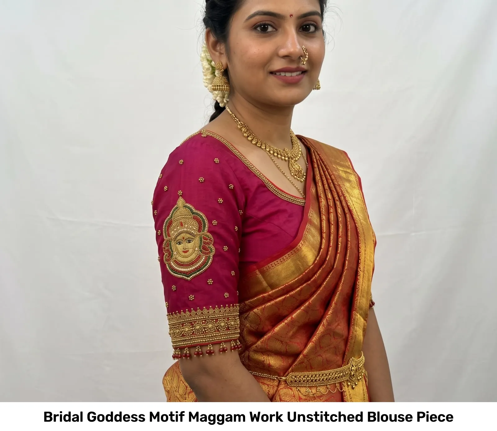 Bridal Goddess Motif Maggam Work Unstitched Blouse Piece 4