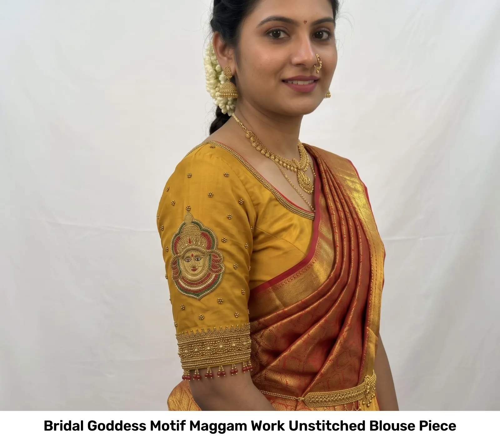 Bridal Goddess Motif Maggam Work Unstitched Blouse Piece 6